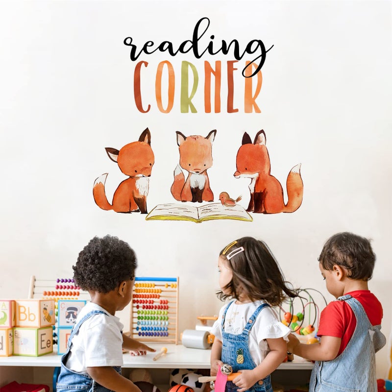 Mfault Foxes Reading Corner Baby Boys Girls Wall Decals Stickers, Removable Woodland Animals Read Books Nursery Playroom Decorations Bedroom Classroom Art, Bird Kids Library Toddler Room Decor - Image 3